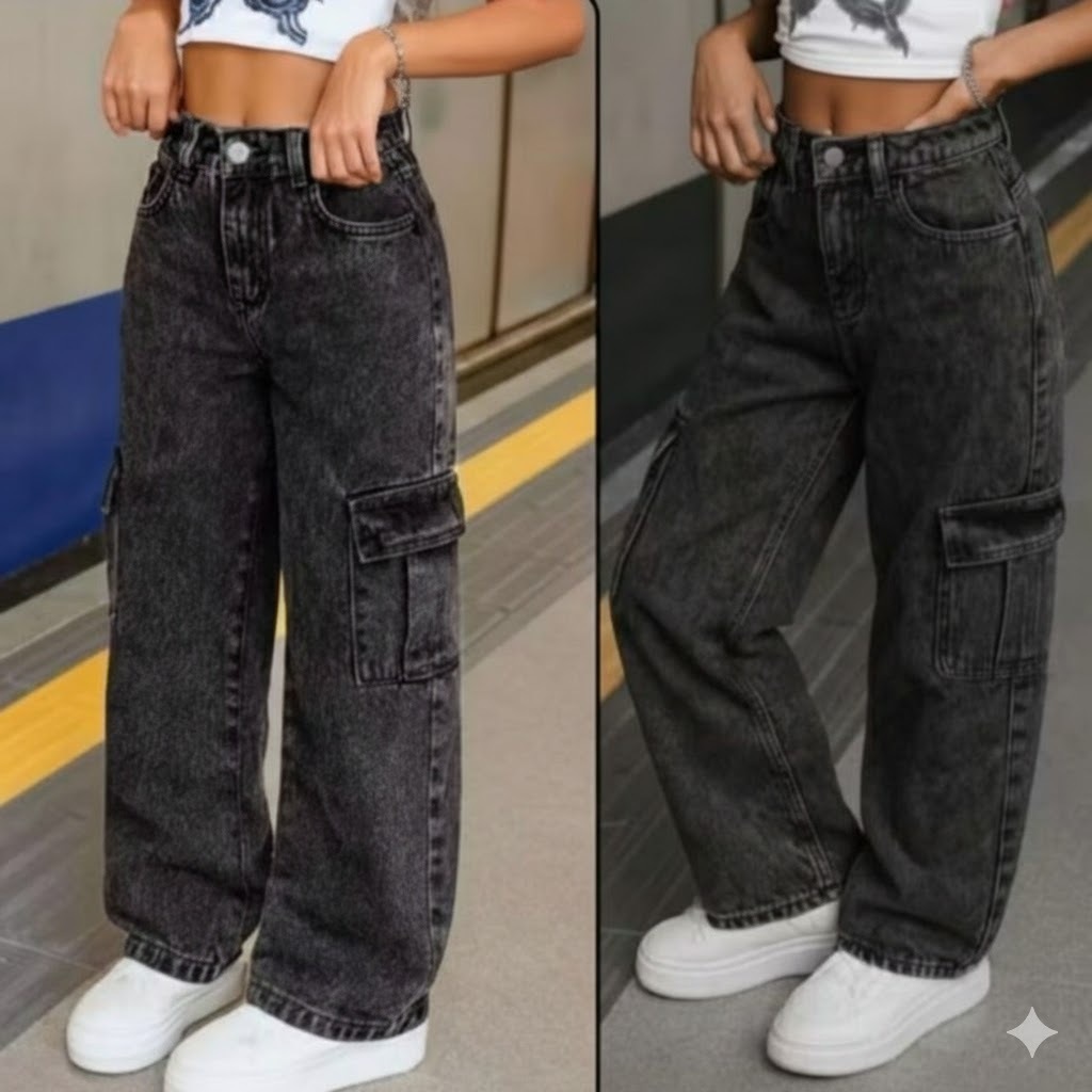 Calça Cargo Jeans Juvenil Feminina Wide Leg Cintura Alta Bolsos Laterais Blogueirinha Menina 10 ao 16 ENVIO 24H