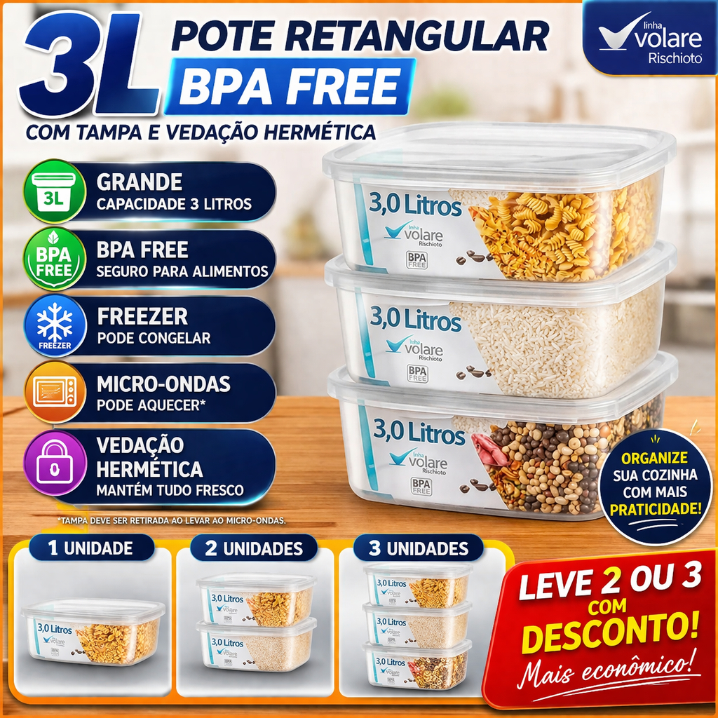 Pote Retangular 3L BPA Free com Tampa Vedação Hermética Kit 1 2 ou 3 Unidades Organizador Cozinha Freezer Micro-ondas Ri