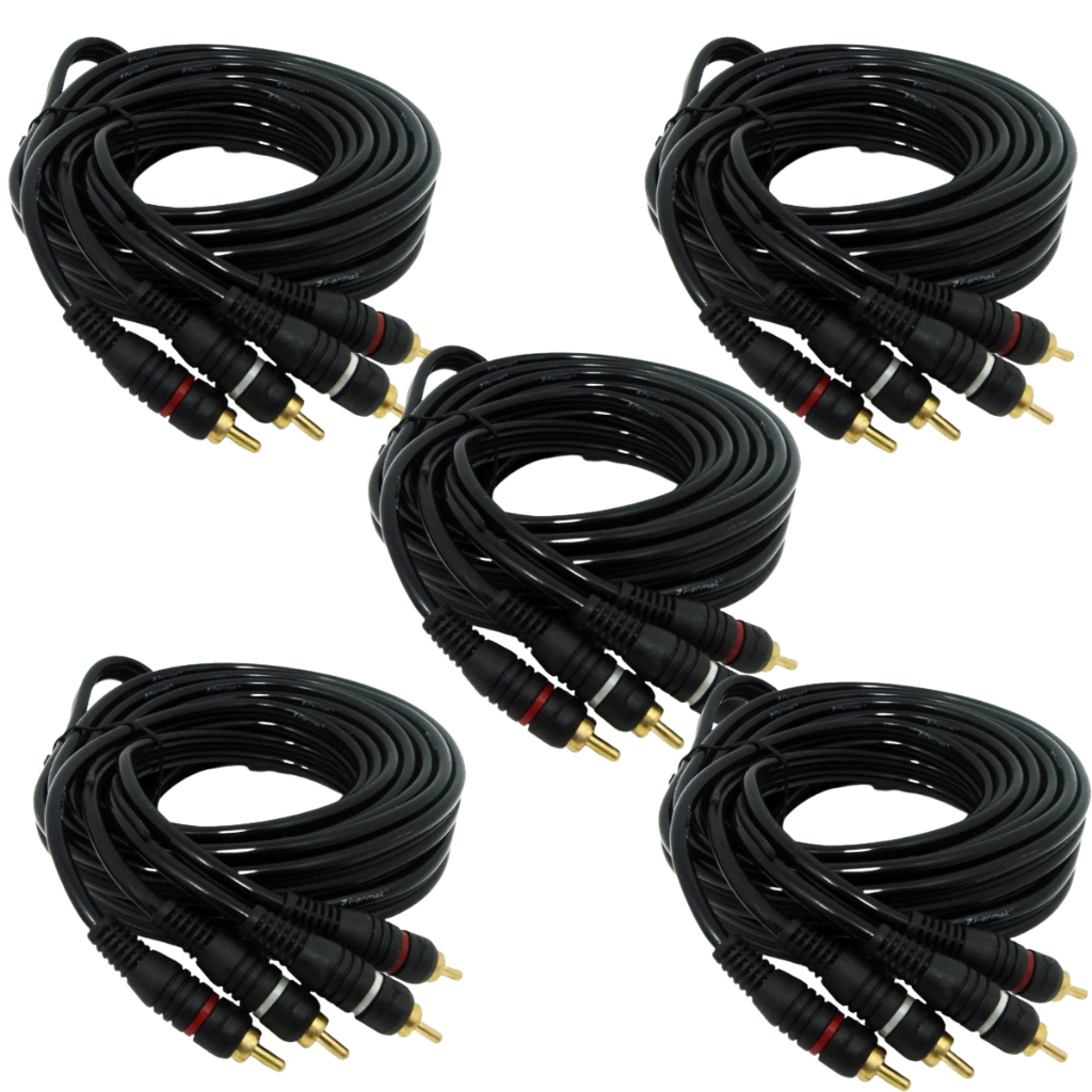 Kit Com 5 Cabo Rca 5 Metros Emborrachado Permak Preto Reforçado 5mm Som Universal