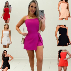 Macaquinho Com Bojo Alças Reguláveis Vestido Short Saia Tecido Premium Recorte Na Cintura Elegante Fresco Leve Show Bi