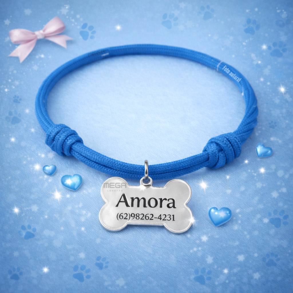 Coleira de Cachorro com Nome Personalizado Gravado a Laser Osso Prata K1