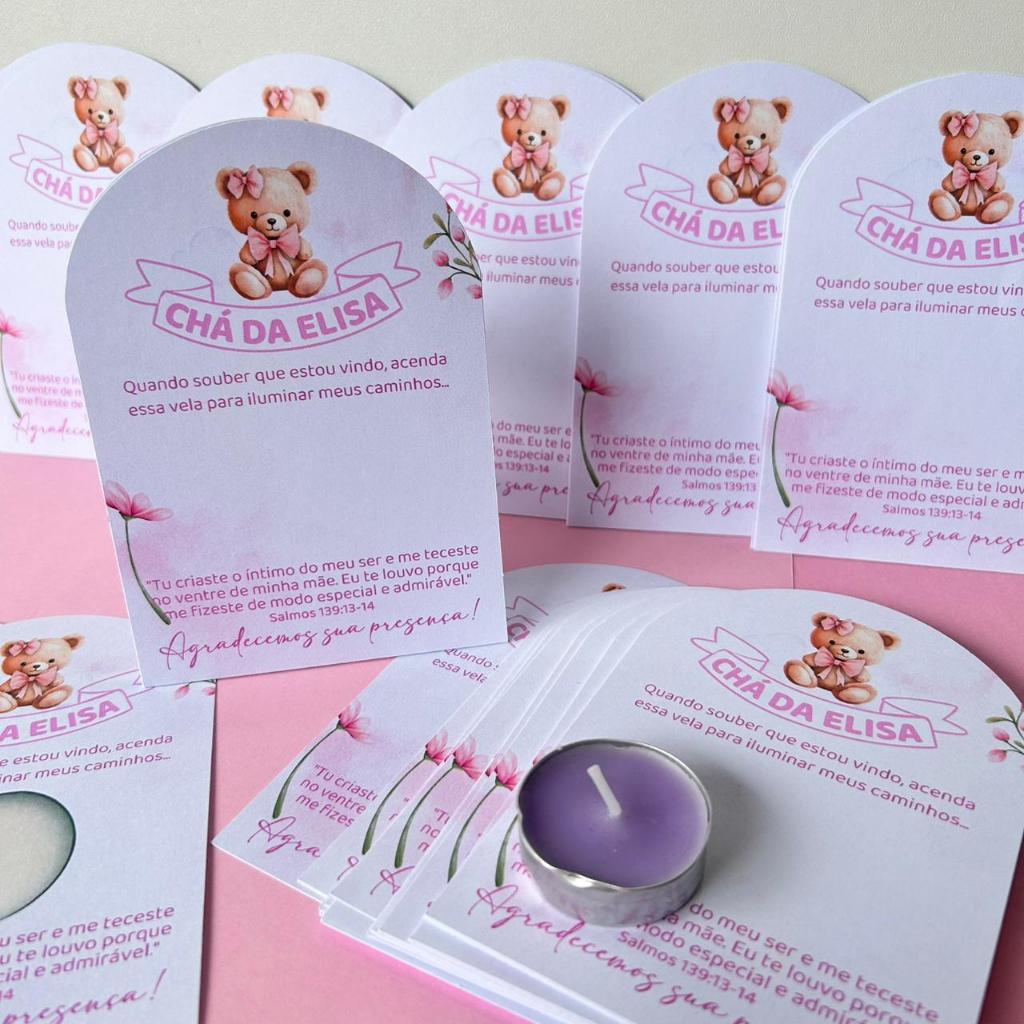 Lembrancinha chá de bebe maternidade cartão com vela mimo cha revelação