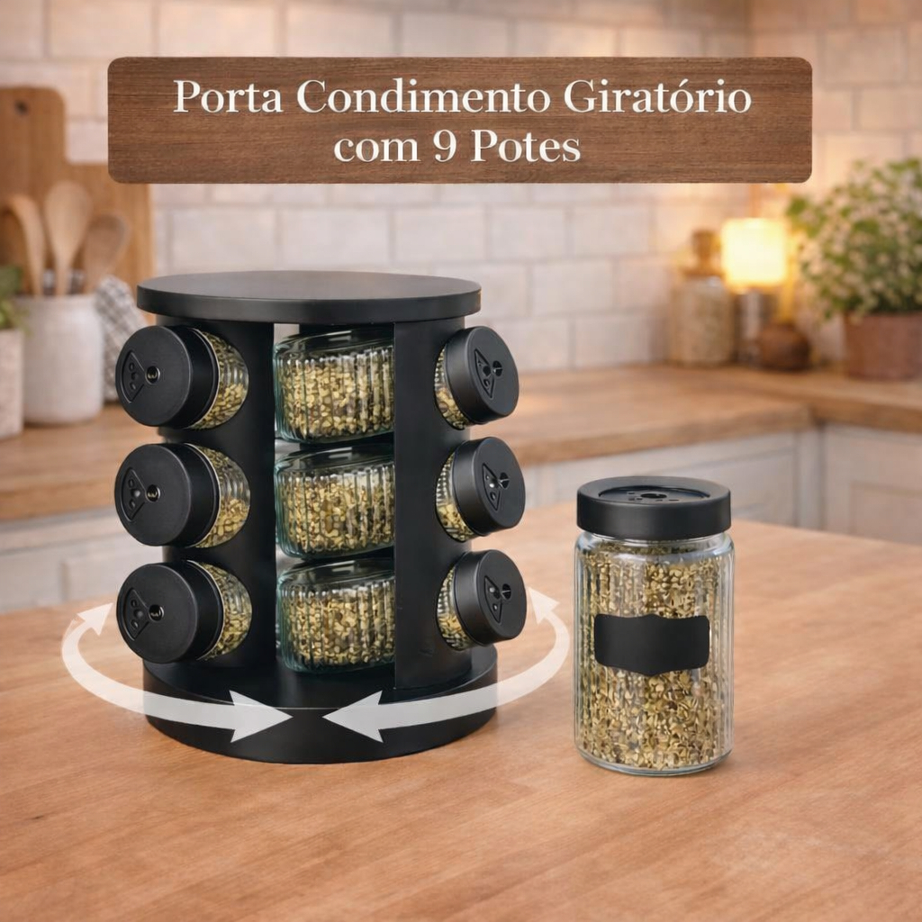 Porta Temperos Giratório 9 Potes Vidro com Tampa Dosadora Potes Vidro com Etiqueta Organização Cozinha Condimentos