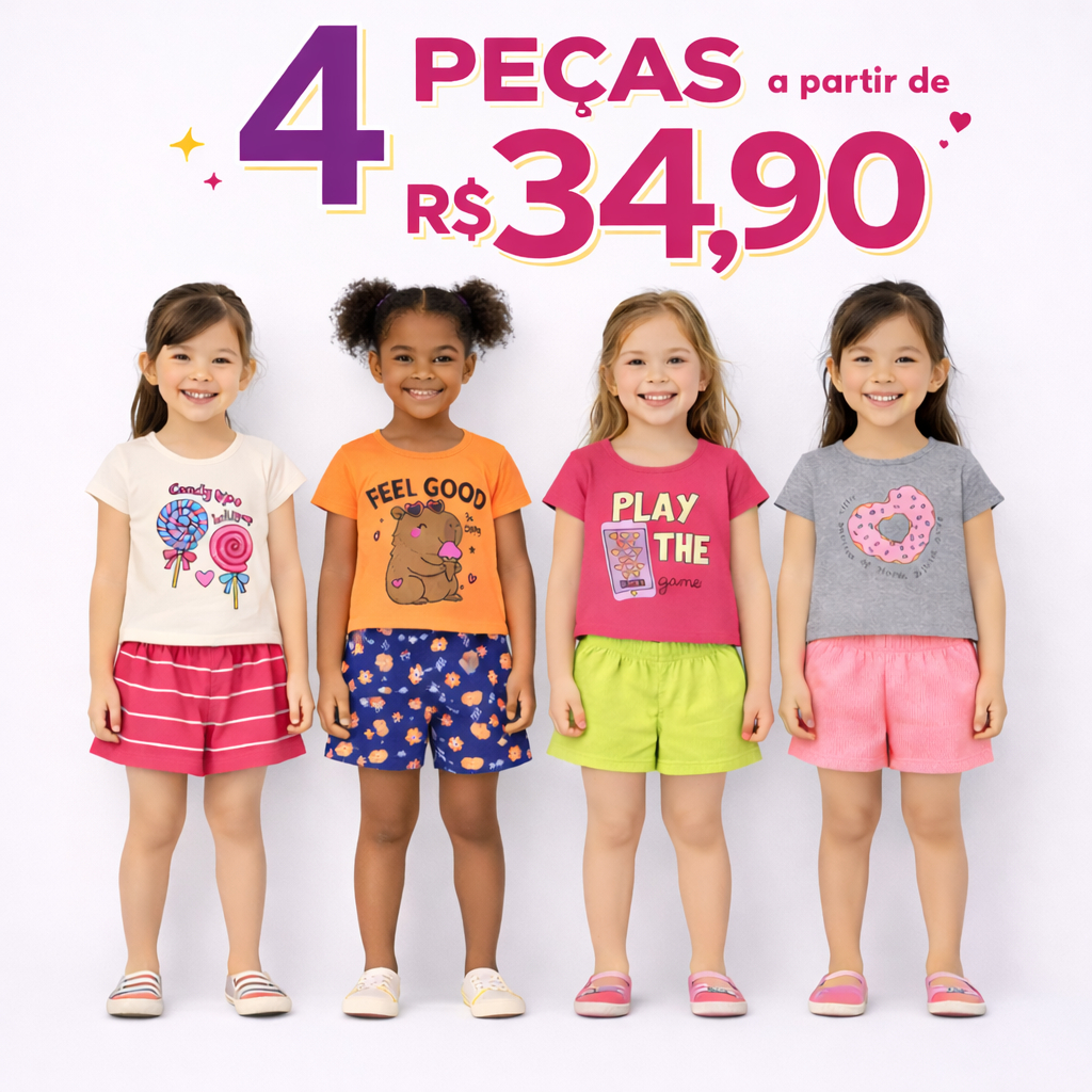 Kit 4 Peças Roupas Infantil Menina Sortido Verão - 2 Camisetas + 2 Shorts - Criança Feminina