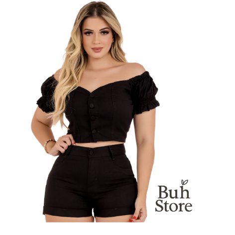 Conjunto Feminino Cropped Ciganinha + Short Jeans Preto Cintura Alta Moda Verão 2026 Promoção