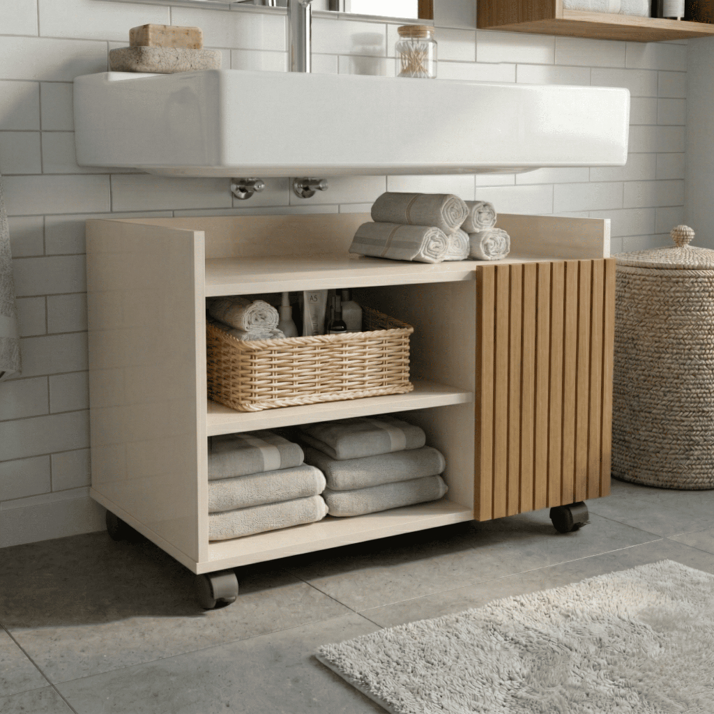 Gabinete com Rodizios Banheiro Off-White/Ripado Armário Ripado Nicho 1 Porta Compacto