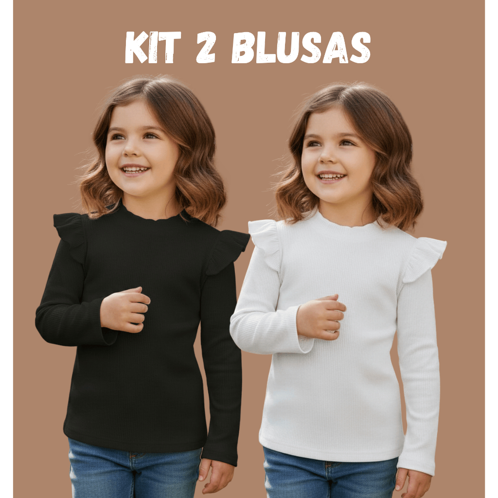 Kit 2 Blusas Canelada de Menina Infantil Manga Longa pra Inverno e Dia a Dia com Babado na Manga em Oferta na Shopee