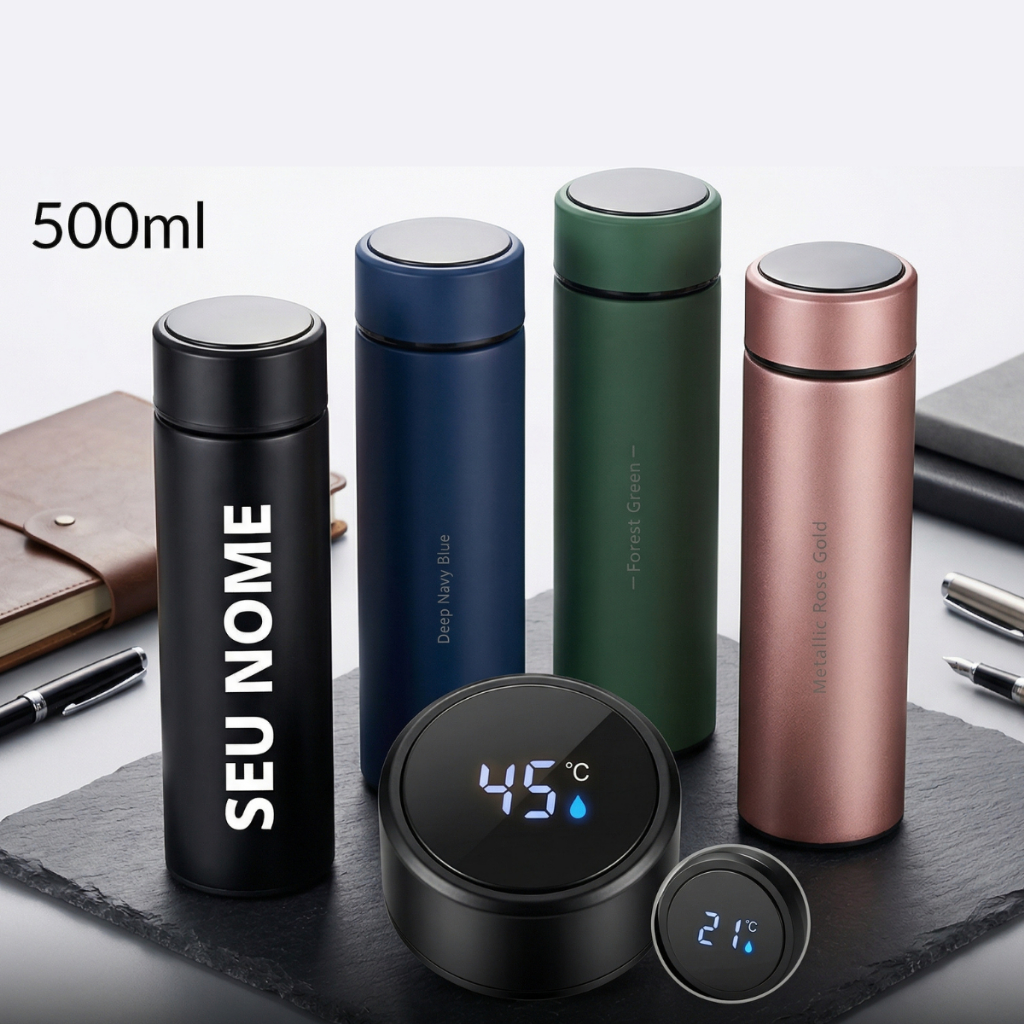 Garrafa Térmica 500ml Com Termômetro Digital LED + Nome Personalizado à Laser