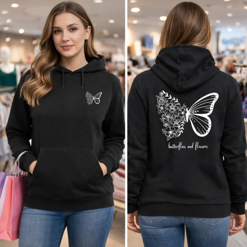 Moletom Feminino/Unissex Borboleta Floral Estampado Preto Canguru com Capuz Confortável