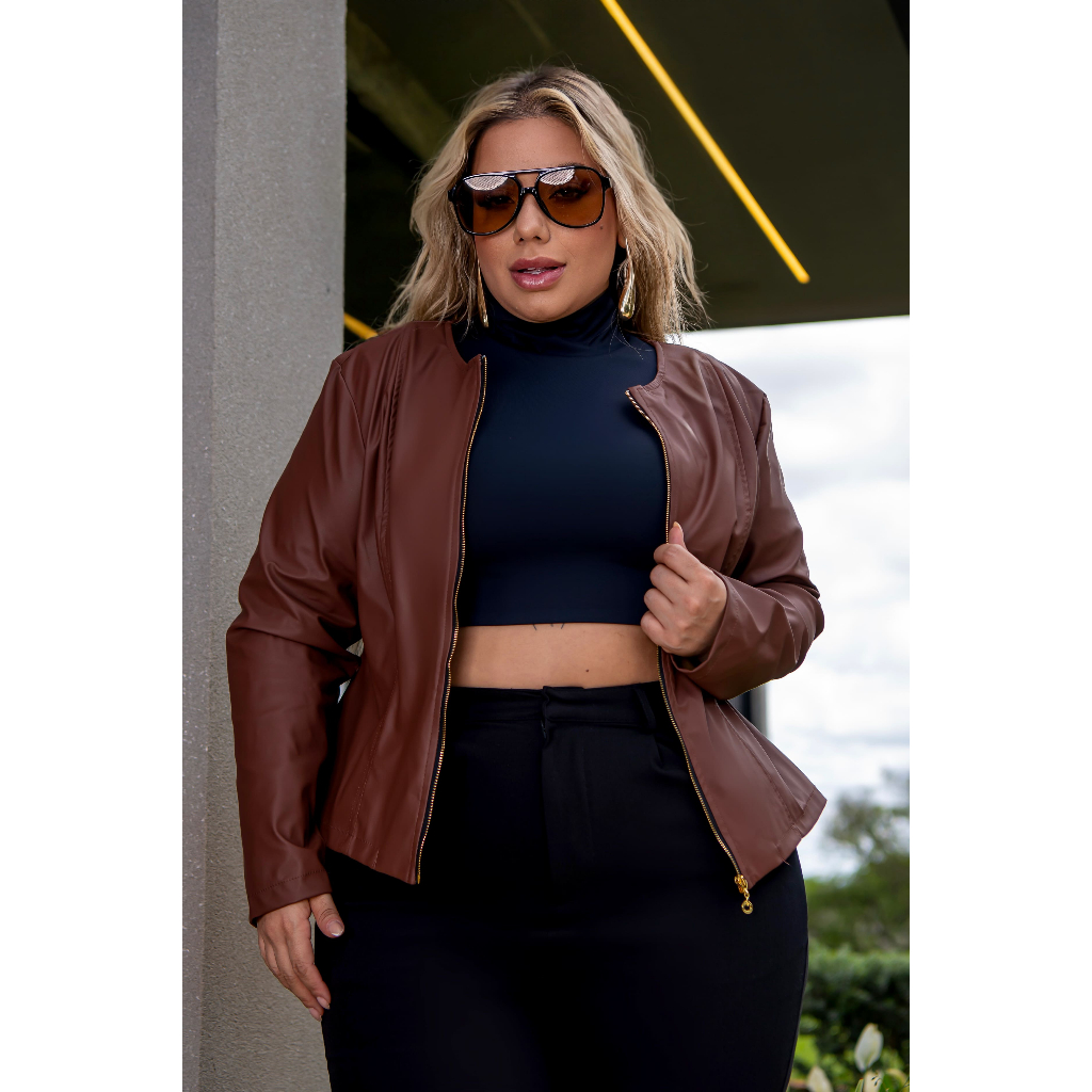 Jaqueta Feminina Plus Size Couro Sintético com Zíper Casaco Inverno Moda Elegante em Oferta na Shopee
