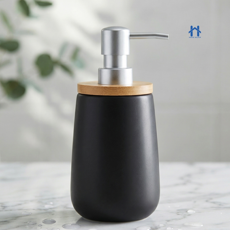 Frasco Porta Sabonete Liquido 500ml Cerâmica com Madeira Válvula Prata para Banheiro