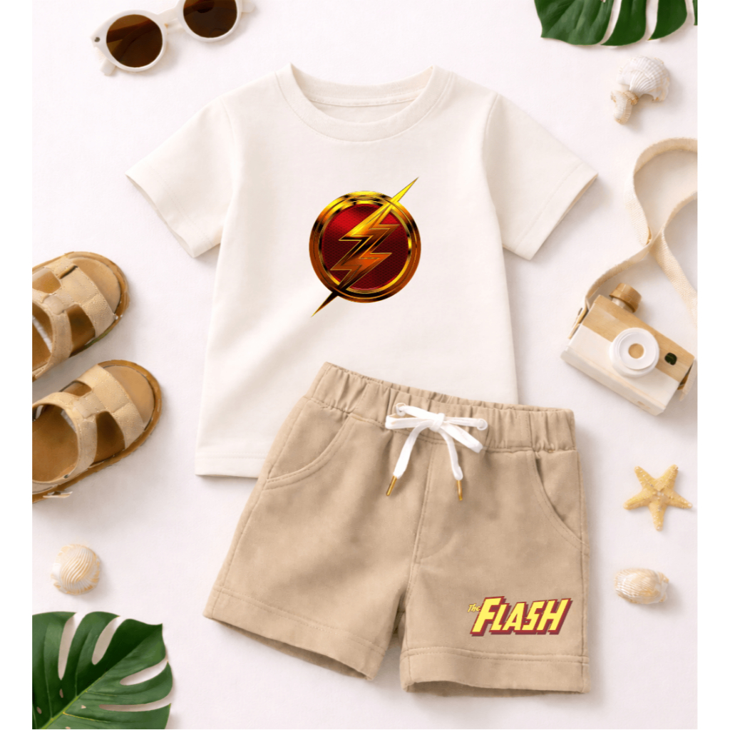 Conjunto Infantil The Flash, Para Meninos Estiloso de Verão - Camiseta Manga Curta 100% Algodão e Bermuda de Moletom