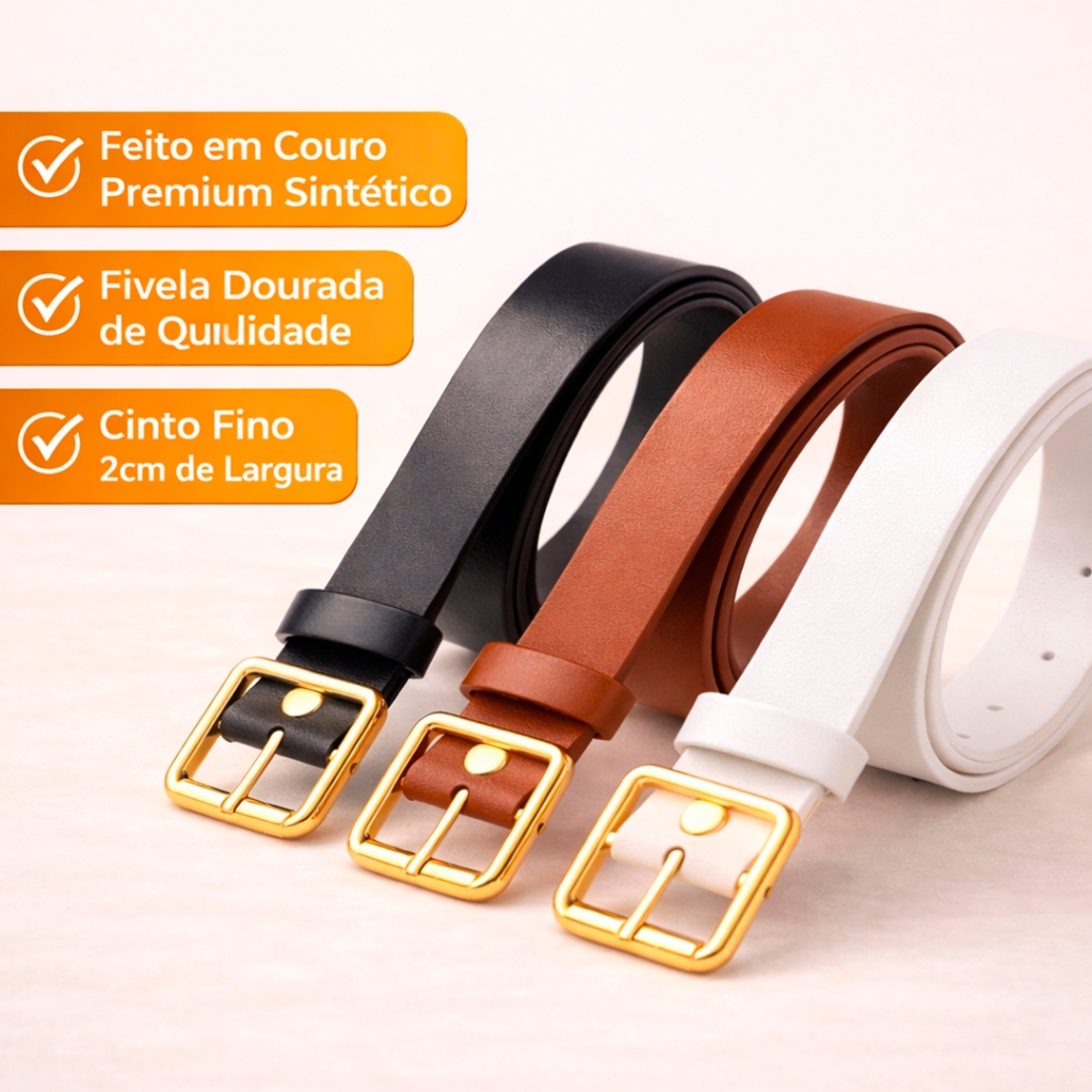 Kit 3 Cintos Femininos casual basico Fivela Dourada Cinto Fino Moda Feminina Preto Branco Caramelo em Oferta na Shopee