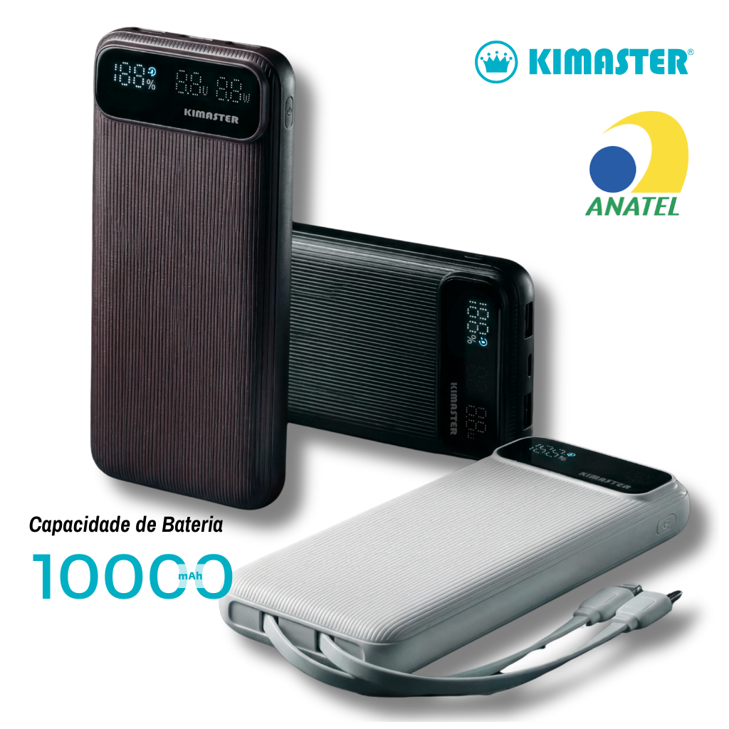 Carregador Portátil Power Bank Kimaster 10000mAh Com Visor Digital Universal Com Cabo UBC-C/Type C