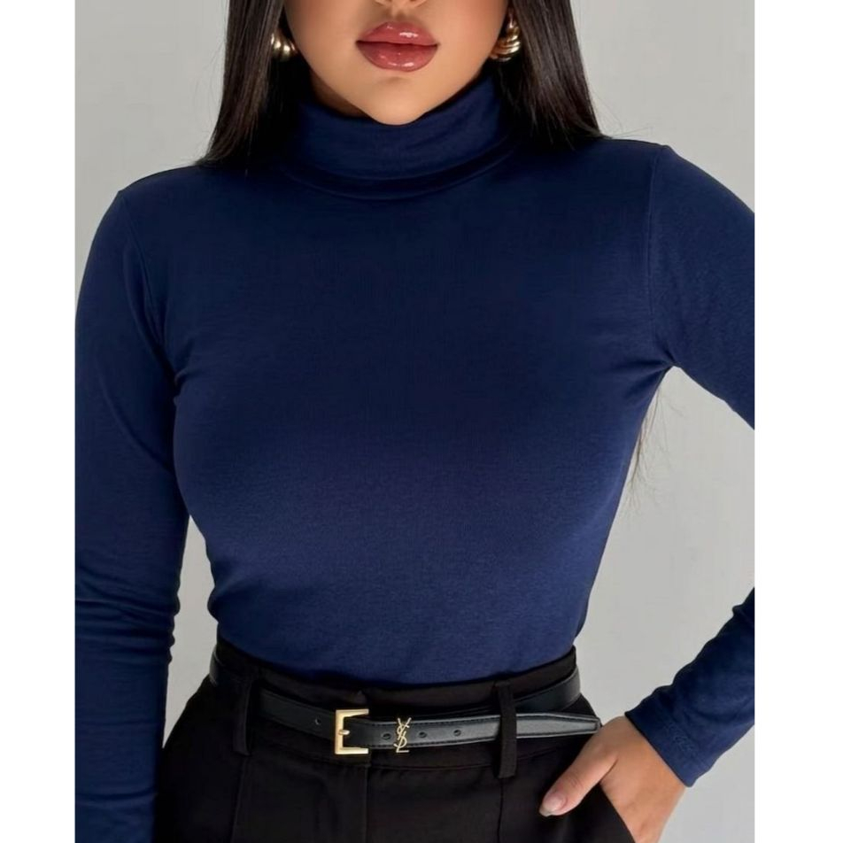 Blusa Feminina Cacharrel Manga Longa Gola Alta Suplex Poliamida Inverno Moda Básica Casual Trabalho
