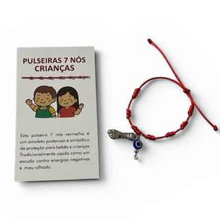 Pulseira de Sete 7 Nós Vermelho Kabbalah Infantil Com Figa e Olho Grego Para Sorte e Proteção e Modelo Liso