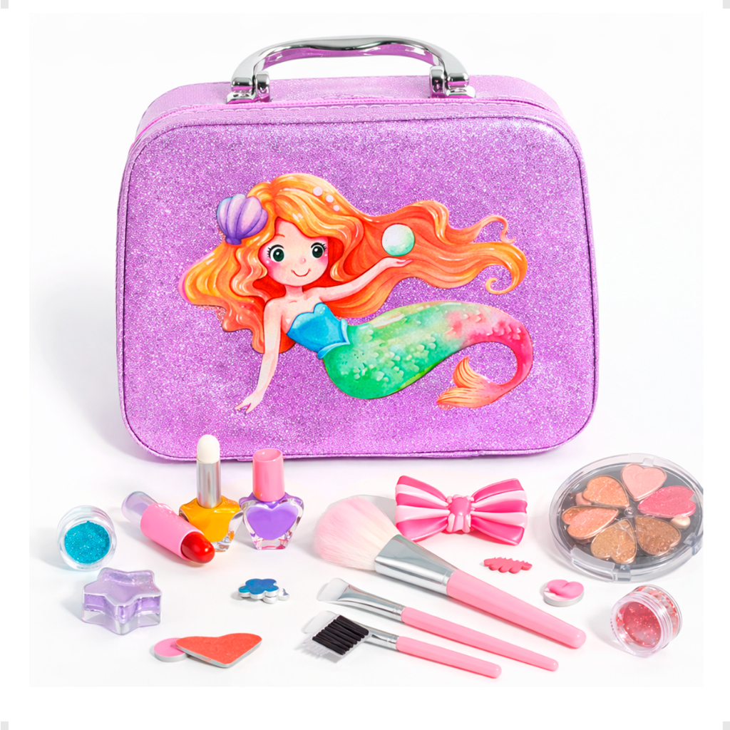Kit Maquiagem Infantil Completo Presente Meninas Maleta Maquiagem e Unha Postiça Sereia Glitter