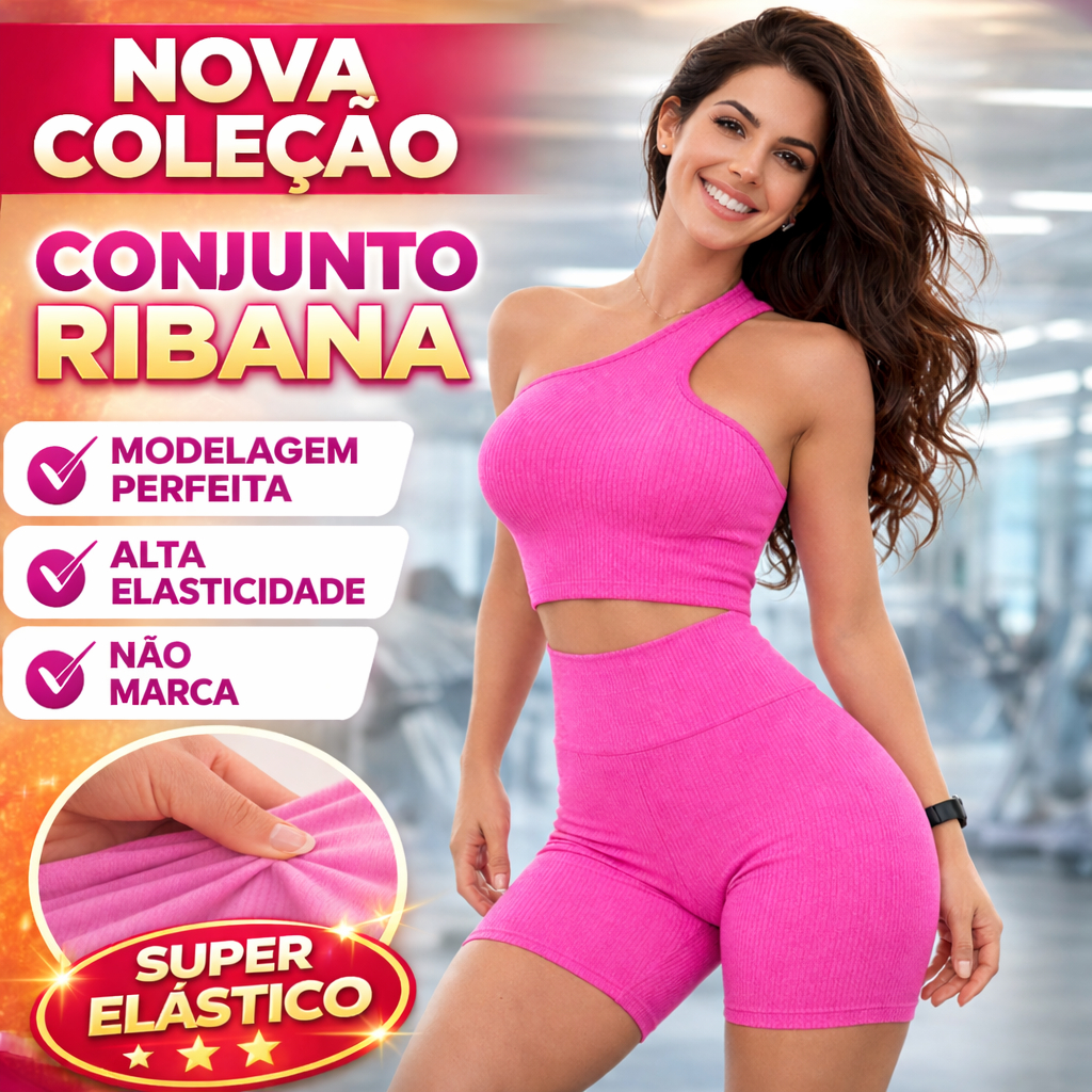 Conjunto para Academia Top e Short  Feminino Canelado Modelador, Cintura Alta , Veste 36 ao 40