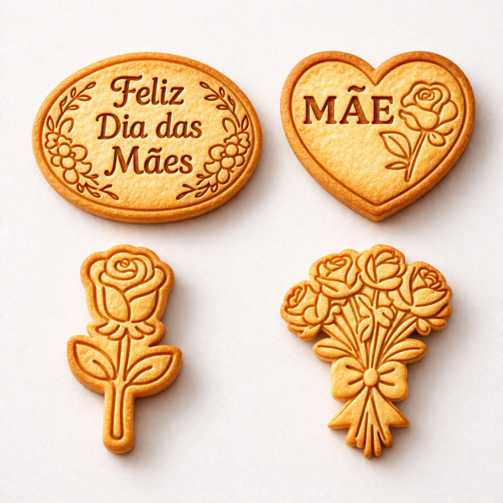 Kit 4 Cortadores Marcadores Biscoito Dia das Mães Flores Coração Rosa Buquê e Frase Confei...