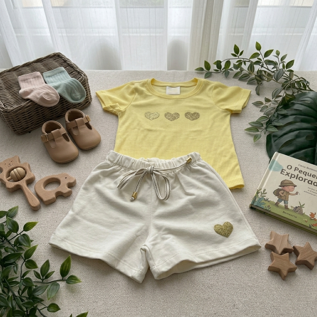 Conjunto Infantil Moletinho Amarelo Coraçãozinho Roupa Dia a Dia Confortável Menina Bebê Look Casual