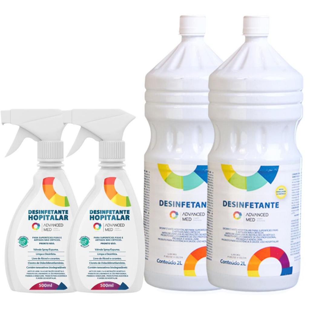 Kit Dupla Desinfecção Hospitalar - 2 Gatilhos 500ml E 2 Refis 2 Litros - 4 unidades
