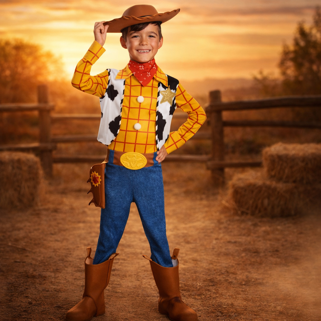 Fantasia Infantil Woody Toy Story Xerife Cowboy Com Bandana Colete Calça Camiseta Cinto Festas
