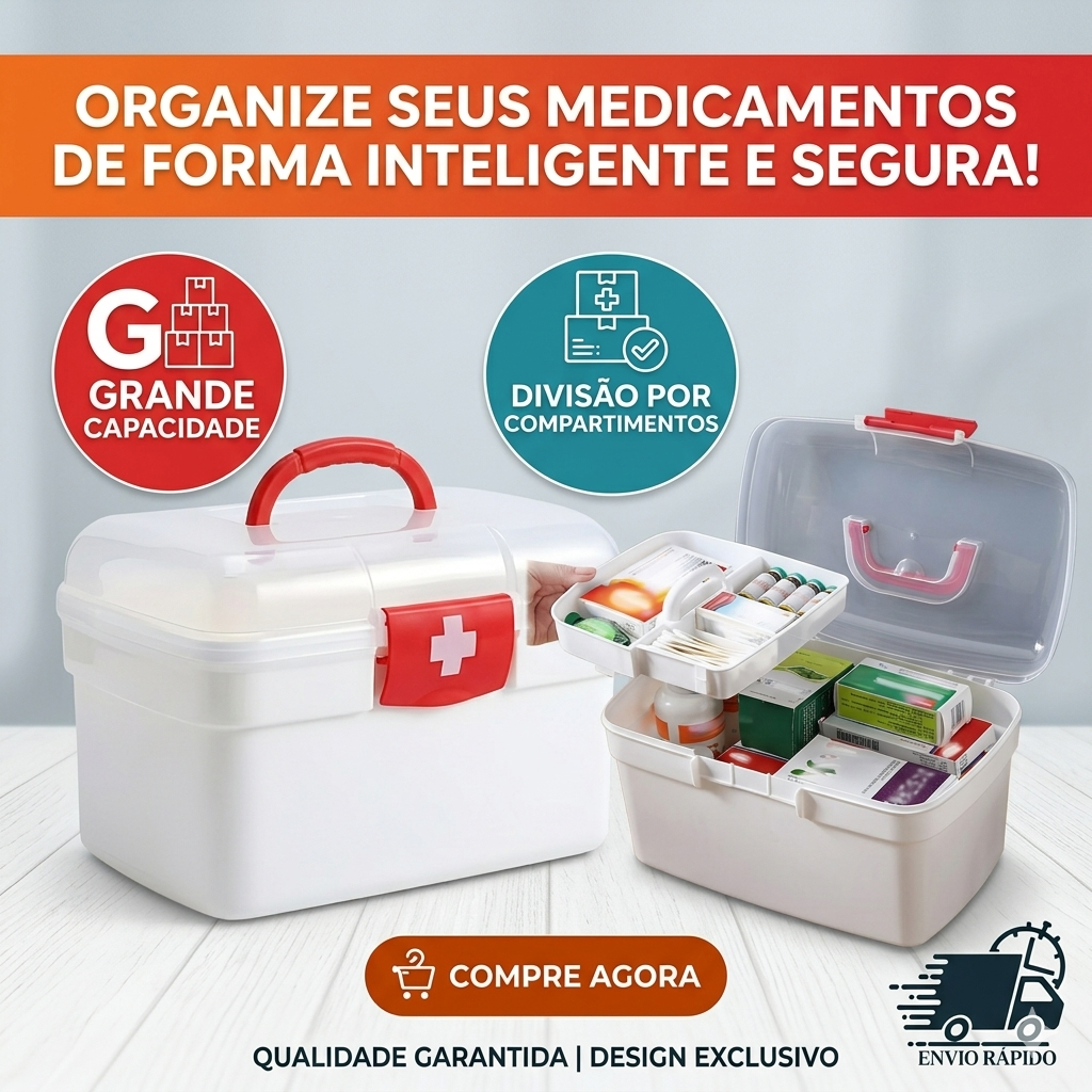 Caixa Maleta Primeiros Socorros Guardar Remédios Organizadora Medicamentos Grande com Bandeja Alça Frasqueira Multiuso