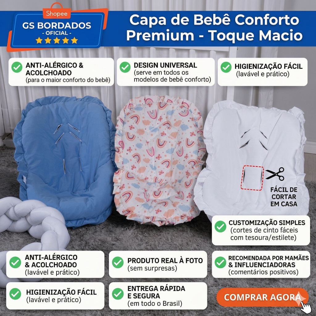 Capa Para Bebê Conforto Universal Acolchoada 100% Algodão Macia Antialérgica Serve Todos Modelos em Oferta na Shopee