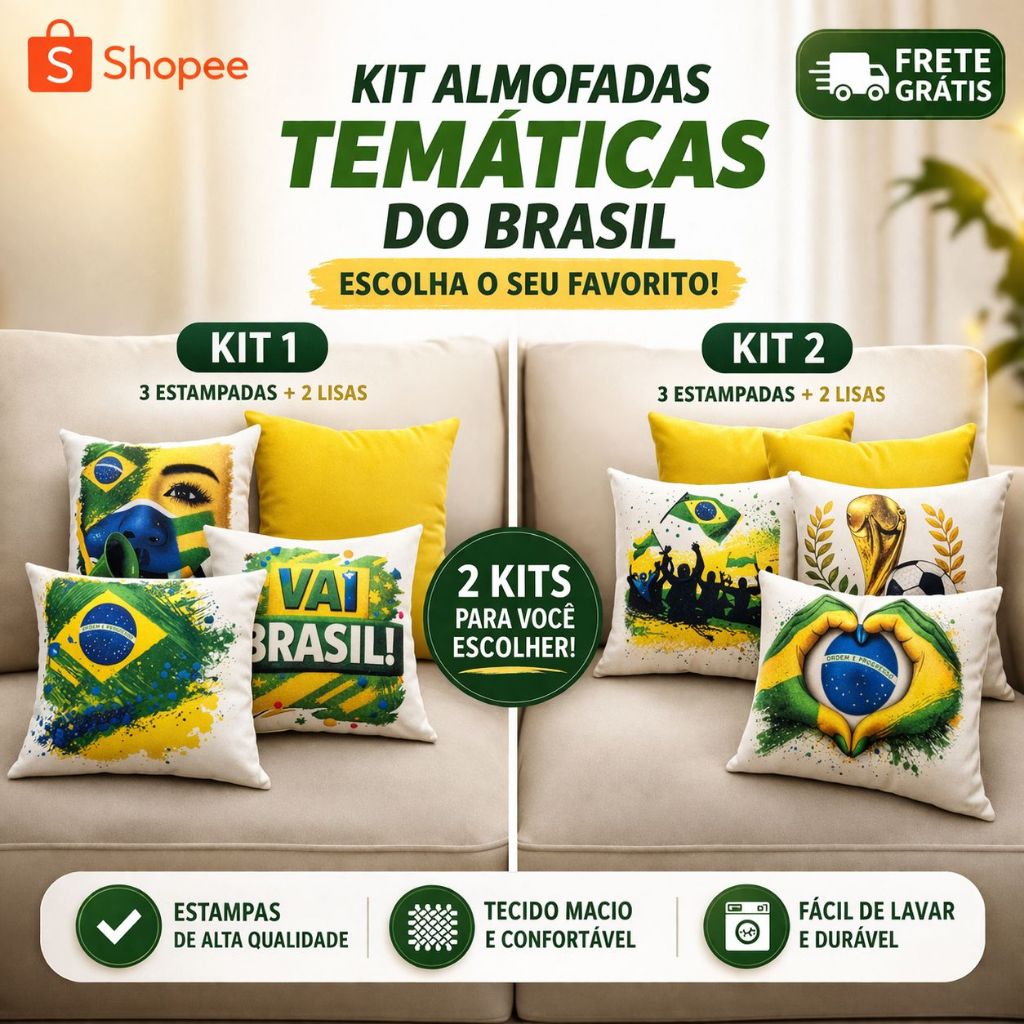 Kit com 5 Almofadas Decorativas Brasil Copa Do Mundo Sofá Sala Quarto Futebol Seleção Brasileira