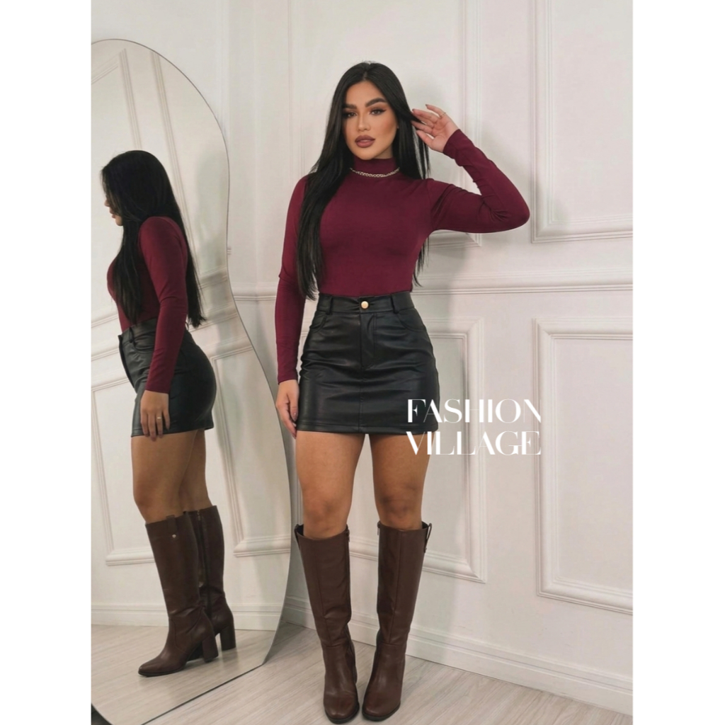 Conjunto2 UM body Manga Longa Suplex + SAIA PRETA ZIPER FRONTAL Courinho São João Moda Blogueira 2026