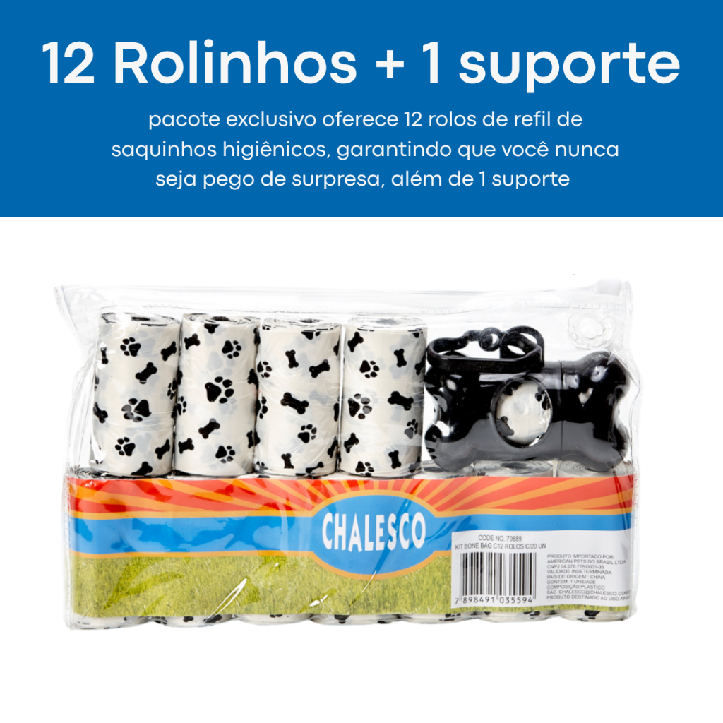 Kit 240 Saquinhos Biodegradável Rolinhos Cata Caca com Suporte e Bolsa Chalesco 12 Refis + 1 Suporte