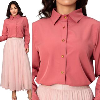 Camisa Social Feminina Manga Longa com Botões Dourados, Tecido Leve Liso Crepinho em Oferta na Shopee