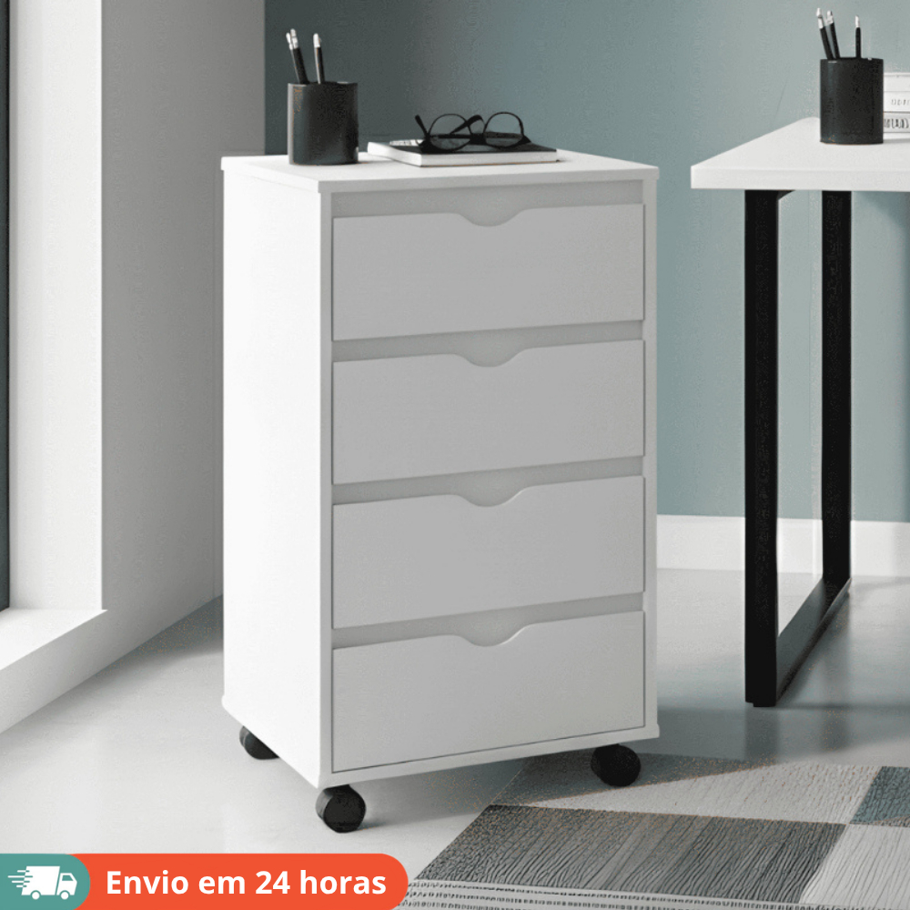 Gaveteiro 4 Gavetas Organizador Multiuso  Rodizios Home Office Escritório Carrinho Auxiliar
