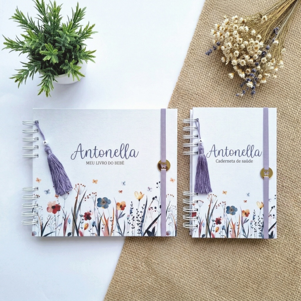 Kit livro e caderneta do bebê - Floral da Mari - Lilás