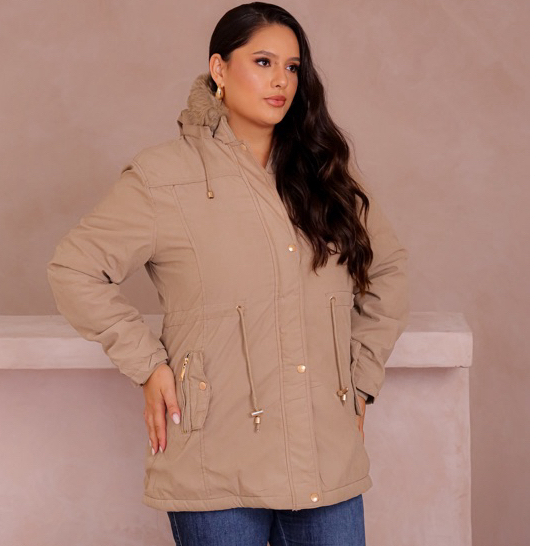 parka feminina plus size toda forrada de pelinhos por dentro tecido sarja com capuz removível