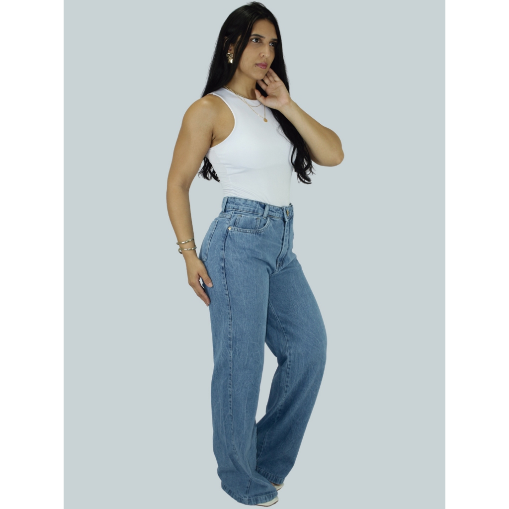 Calça Wide Leg Jeans Feminina Marmorizada Cintura Alta Pantalona 100% Algodão Premium