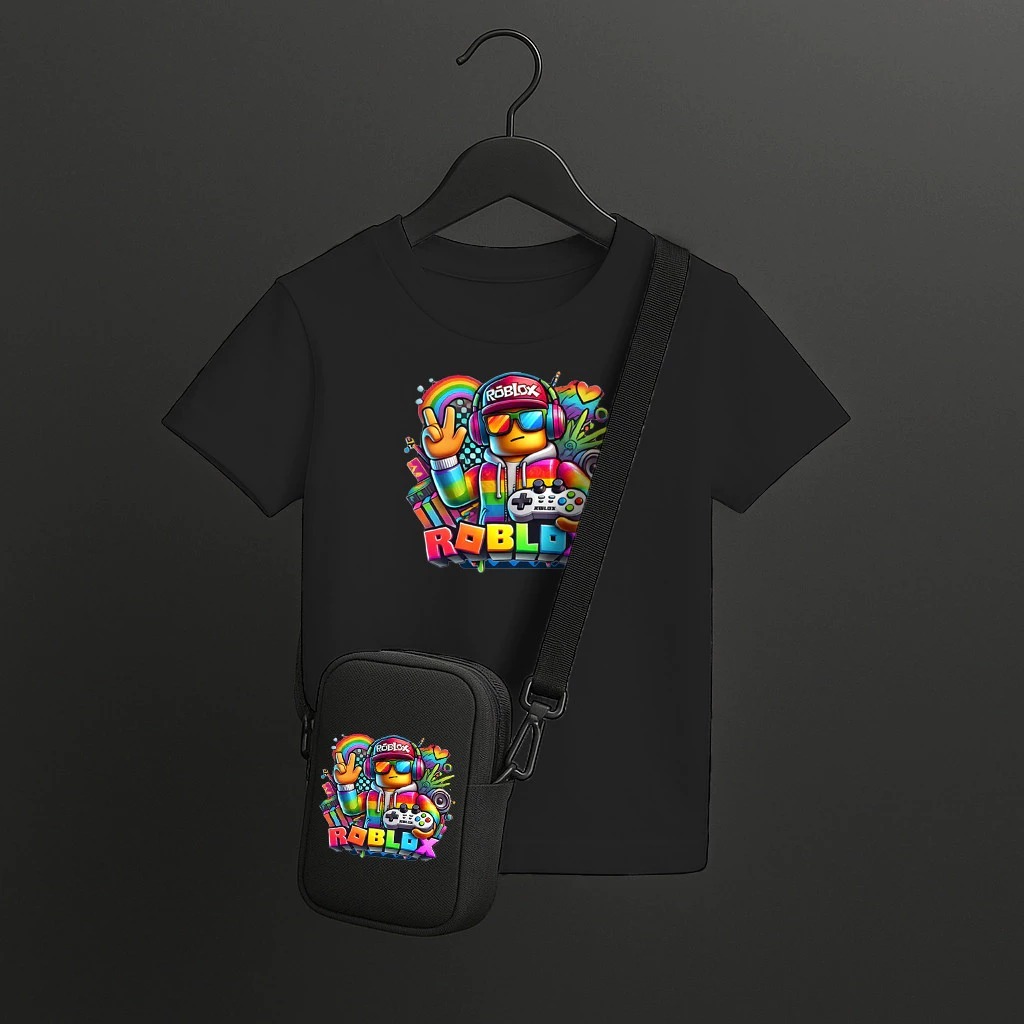 Kit Duas Peças Camiseta Infantil Roblox 3 + Shoulder Bag Camiseta Estilosa e Bolsa Gamer Personagens