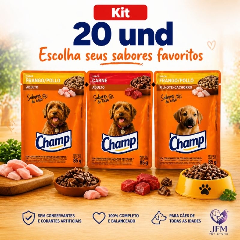 CHAMP 20 UND Carne/Frango e Filhote - Sachê para Cães 85g