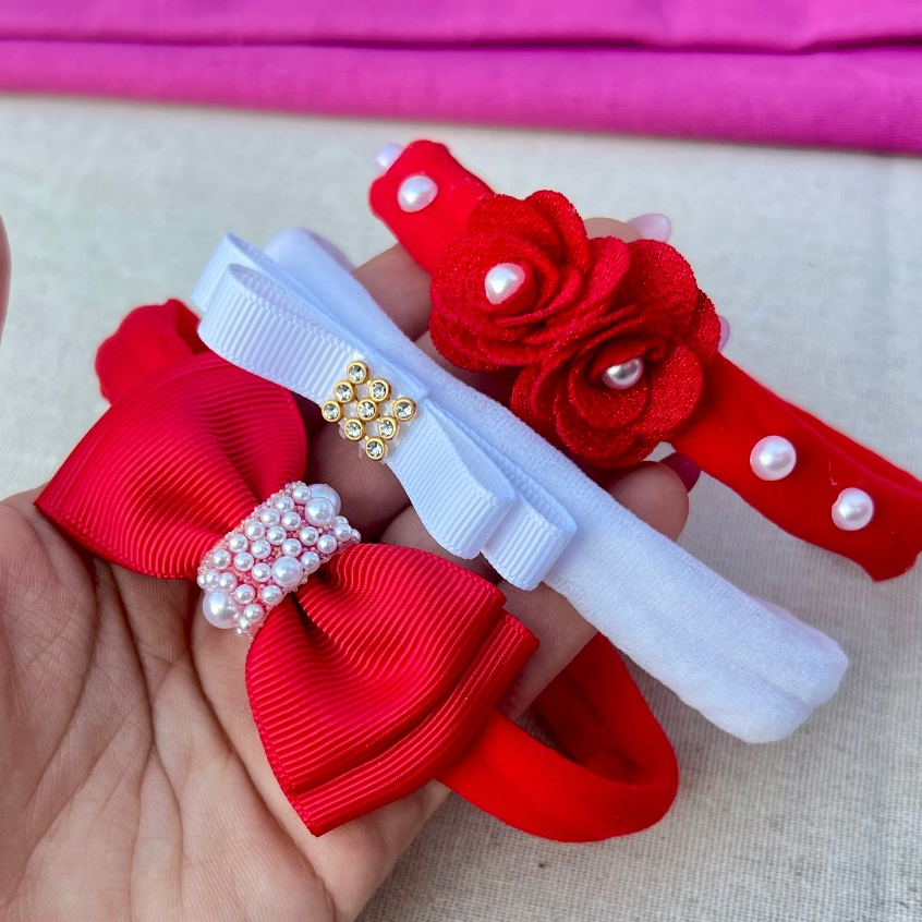 Laços de Cabelo Infantil para Bebê Luxo - Conjunto 3 Laços Vermelho com Pérolas - 005 em Oferta na Shopee