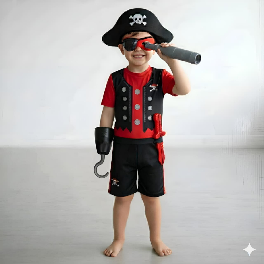 Fantasia Infantil Pirata Com Tapa Olho, Faca, Luneta e Gancho