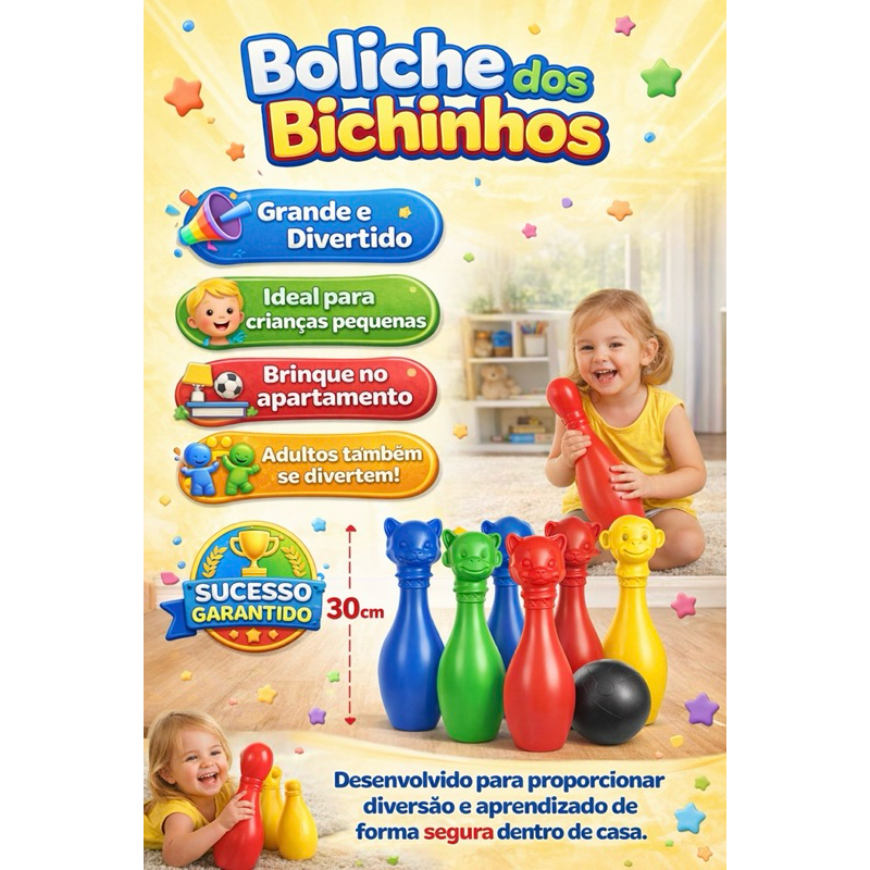 Jogo de Boliche Infantil Grande 30cm – Boliche dos Bichinhos com 6 Pinos + Bola | Brinquedo Educativo — imagem 2 de 2