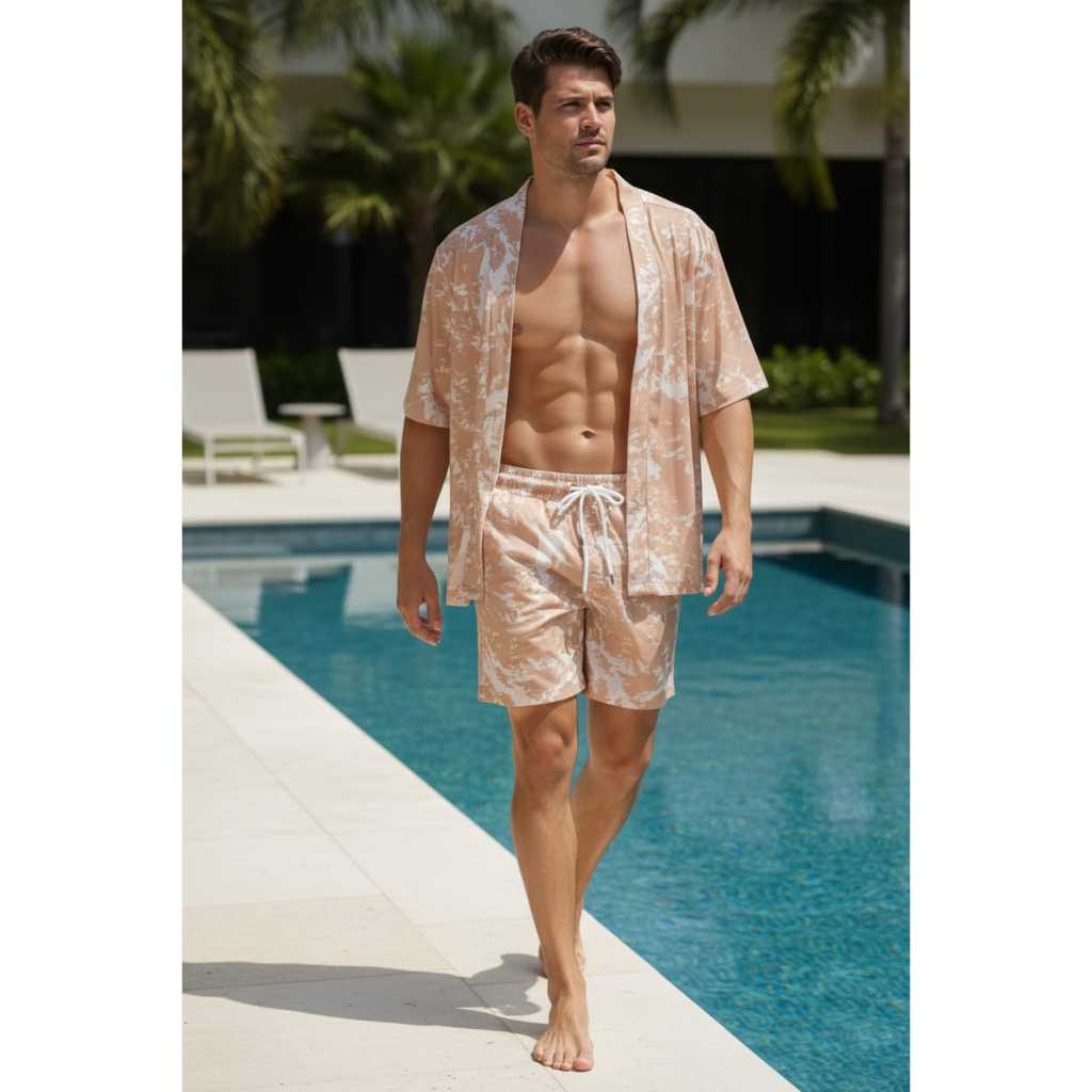 Conjunto Masculino Moda Praia De Tule Leve e Transparente