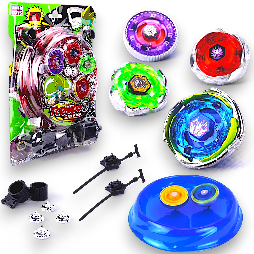 Piões brinquedos infantis 4 Beyblade Metal Com Led 5D e 2 Lançadores e Arena Para Combate Relaxar