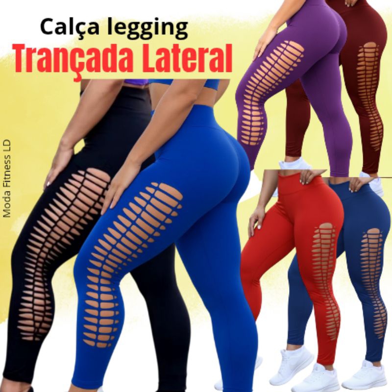 Calça Legging Feminina Poliéster Cintura Alta com Recortes Laterais Academia Treino Fitness
