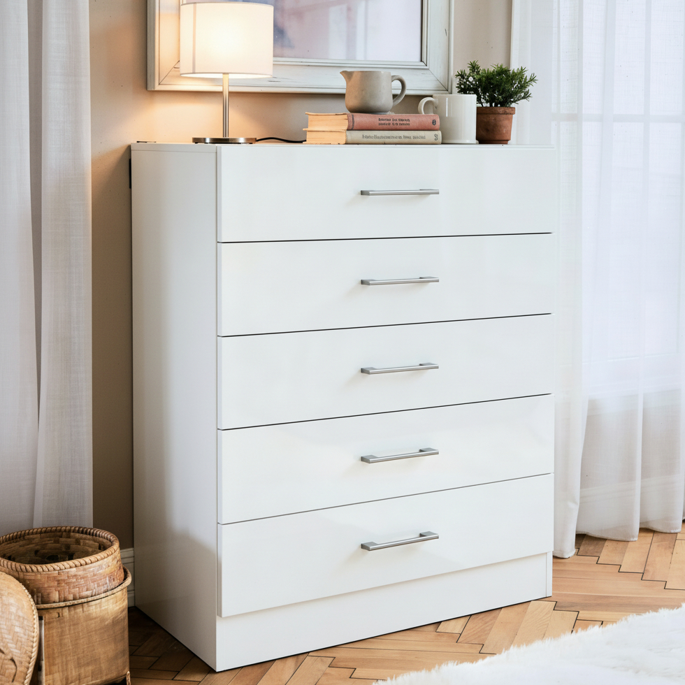 Cômoda 5 Gavetas Branco Grande p/ Quarto Móvel Gaveteiro Organizador de Roupas - Blue Moby