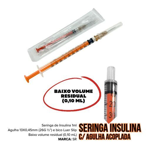 Kit de Seringas 1ml para INSULINA com agulha 13x0,45mm Bico Luer Slip Liso - SR