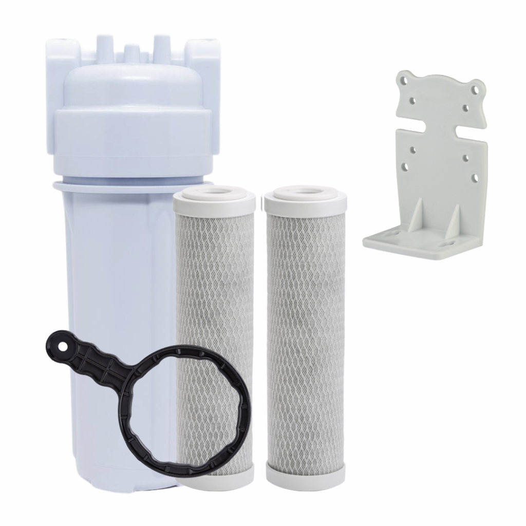 Filtro Caixa Dágua Cavalete com suporte + 2 Refil Carbon Block + Chave + 2 Niple + Veda Rosca