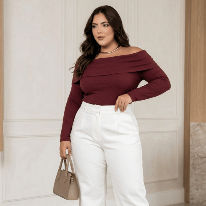 Blusa Canelada Feminina Plus Size Ombro a Ombro Manga Longa Casual Elástico Ajustável Blusa De Frio