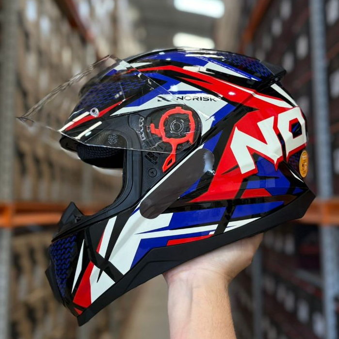 Capacete moto Norisk Razor Sharp Azul Vermelho Brilhante + Narigueira Masculino Feminino Original