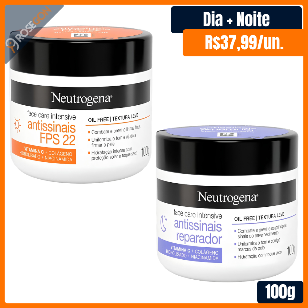 Kit Creme Facial Antissinais Neutrogena Face Care Intensive Dia FPS22 Niacinamida 100g + Neutrogena Noite Reparador 100g